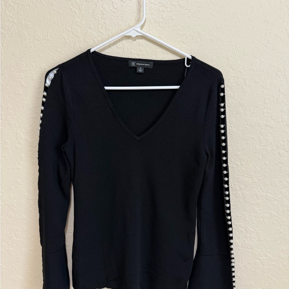INC International Concepts Black V-Neck Blouse with Pearl Details